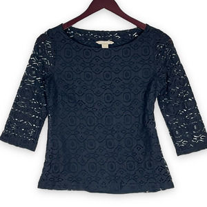 Banana Republic Size 0 Black Lace 3/4 Sleeve Boatneck Fitted Top Career
